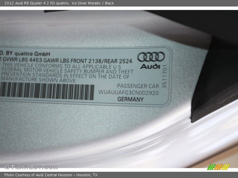 Info Tag of 2012 R8 Spyder 4.2 FSI quattro
