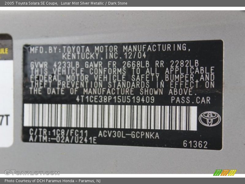 Lunar Mist Silver Metallic / Dark Stone 2005 Toyota Solara SE Coupe
