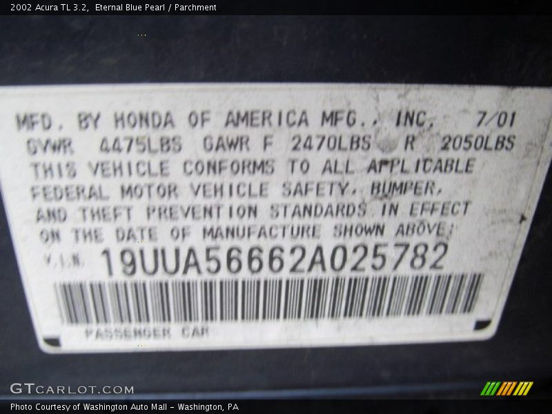 Eternal Blue Pearl / Parchment 2002 Acura TL 3.2
