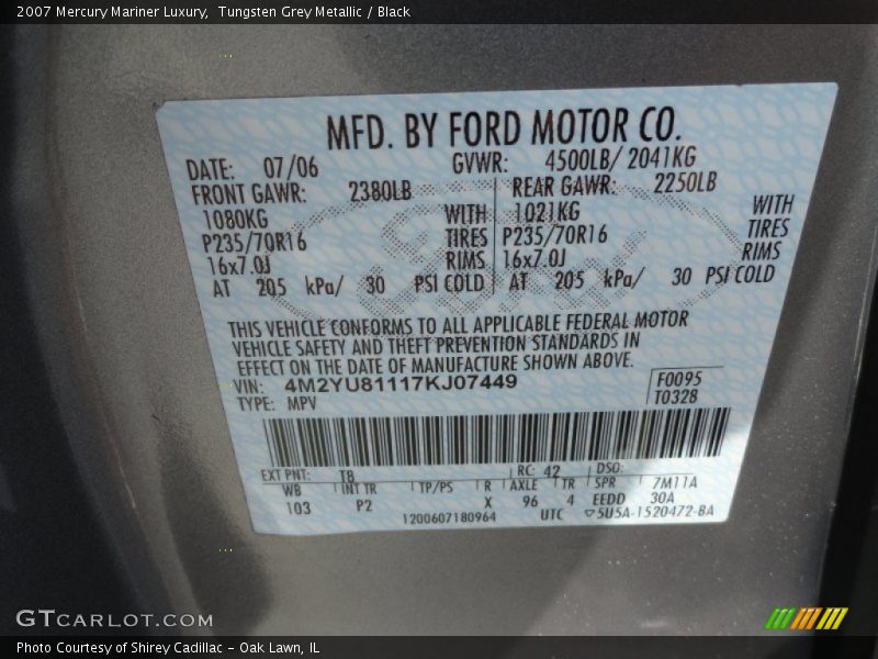 2007 Mariner Luxury Tungsten Grey Metallic Color Code T8