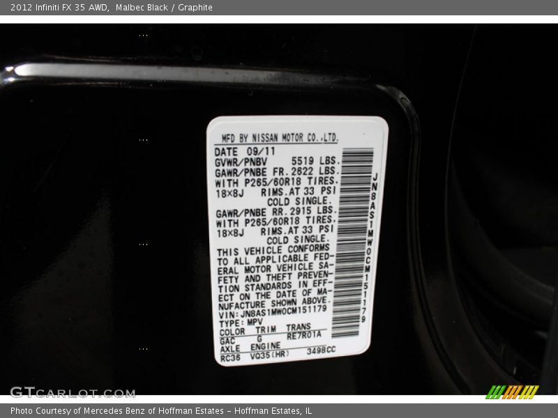 2012 FX 35 AWD Malbec Black Color Code GAC