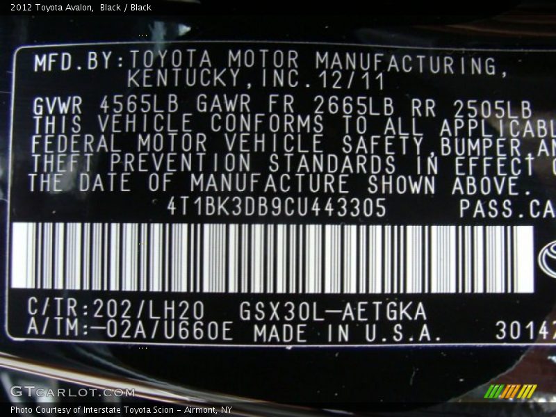 Black / Black 2012 Toyota Avalon