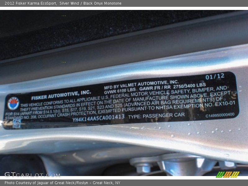 Info Tag of 2012 Karma EcoSport