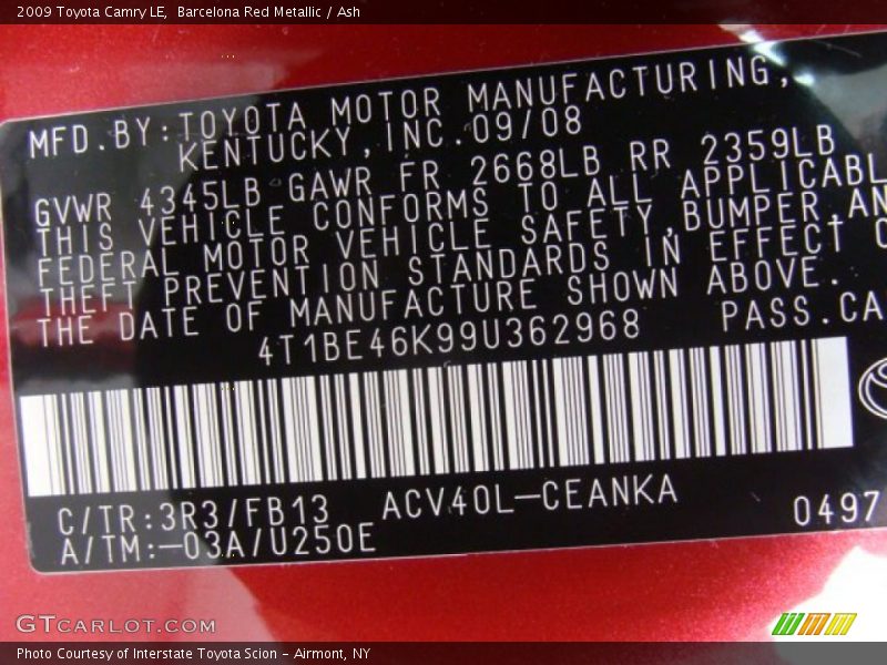Barcelona Red Metallic / Ash 2009 Toyota Camry LE