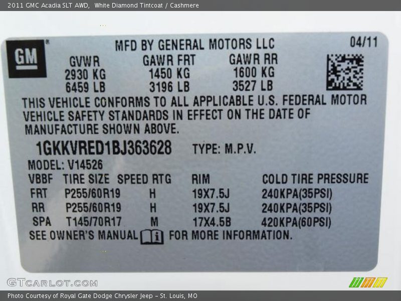 White Diamond Tintcoat / Cashmere 2011 GMC Acadia SLT AWD