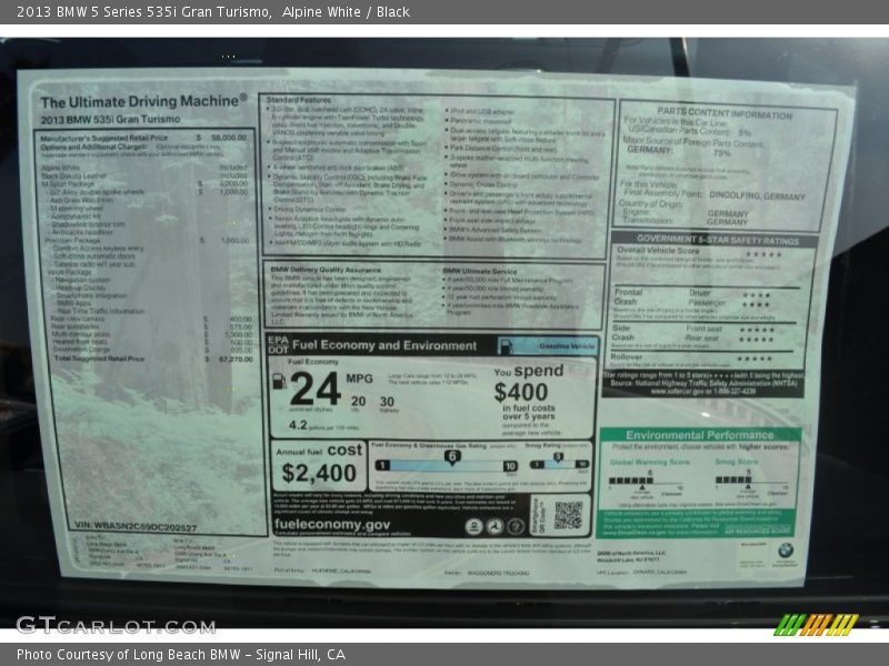  2013 5 Series 535i Gran Turismo Window Sticker