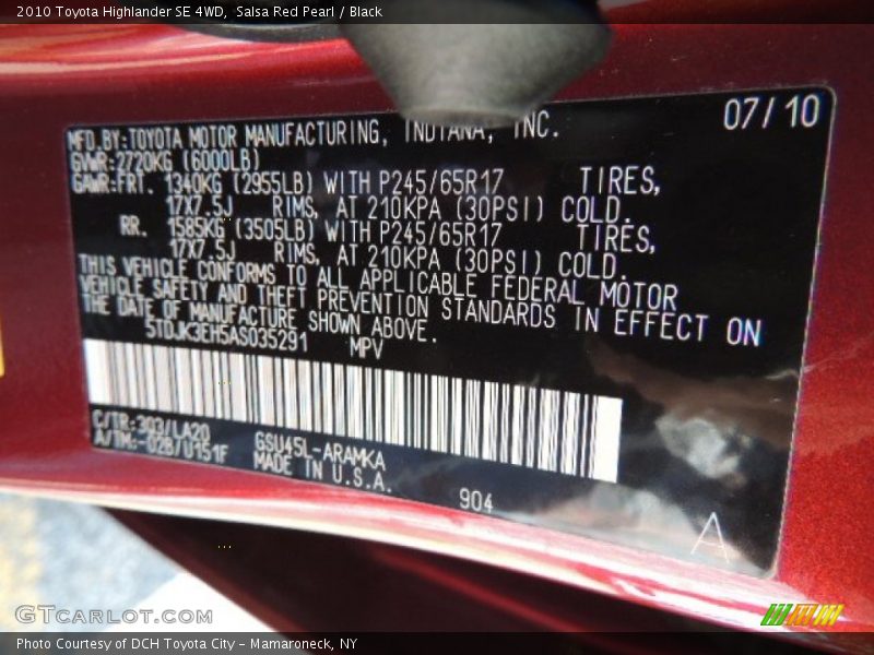 Salsa Red Pearl / Black 2010 Toyota Highlander SE 4WD
