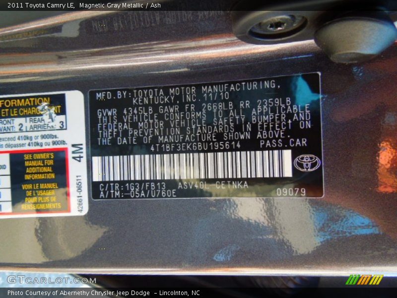 Magnetic Gray Metallic / Ash 2011 Toyota Camry LE