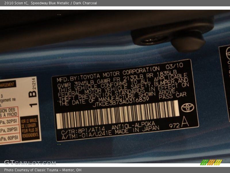 Speedway Blue Metallic / Dark Charcoal 2010 Scion tC