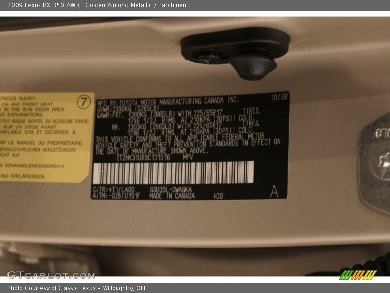 Golden Almond Metallic / Parchment 2009 Lexus RX 350 AWD