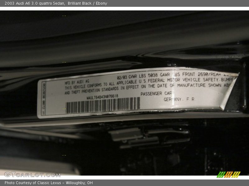 Brilliant Black / Ebony 2003 Audi A6 3.0 quattro Sedan