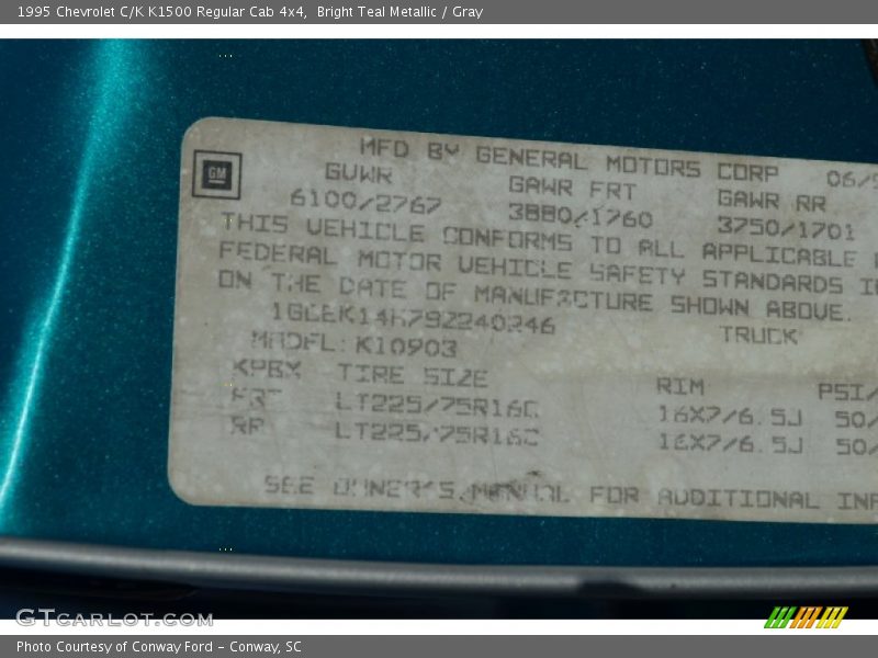 Bright Teal Metallic / Gray 1995 Chevrolet C/K K1500 Regular Cab 4x4