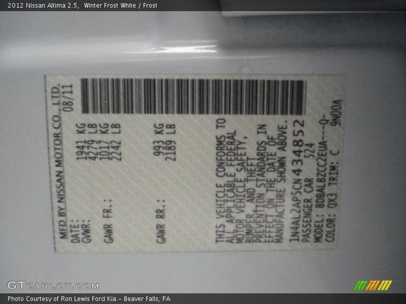 Winter Frost White / Frost 2012 Nissan Altima 2.5
