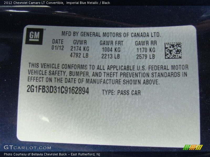 Imperial Blue Metallic / Black 2012 Chevrolet Camaro LT Convertible