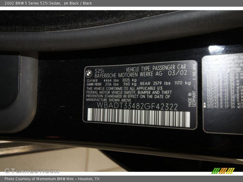 Info Tag of 2002 5 Series 525i Sedan
