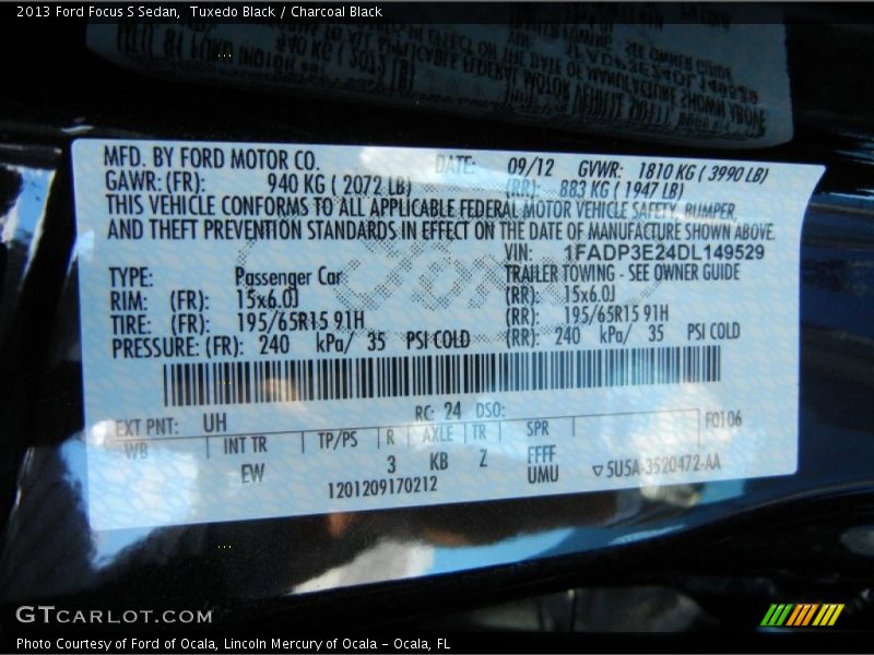 2013 Focus S Sedan Tuxedo Black Color Code UH