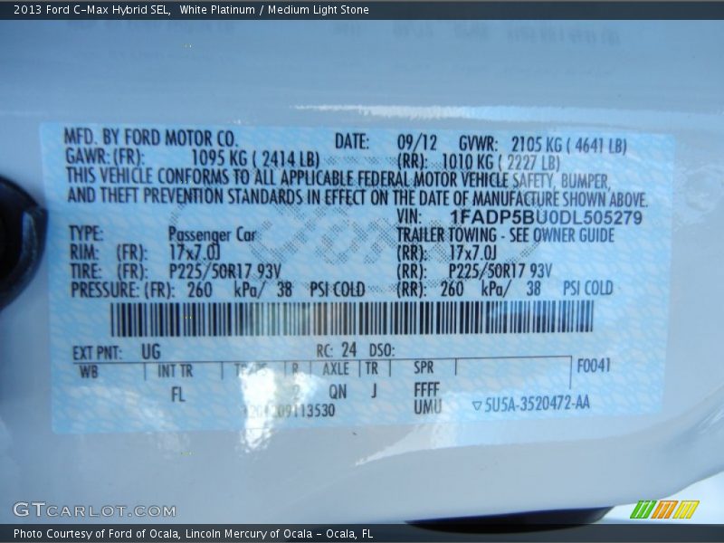 2013 C-Max Hybrid SEL White Platinum Color Code UG