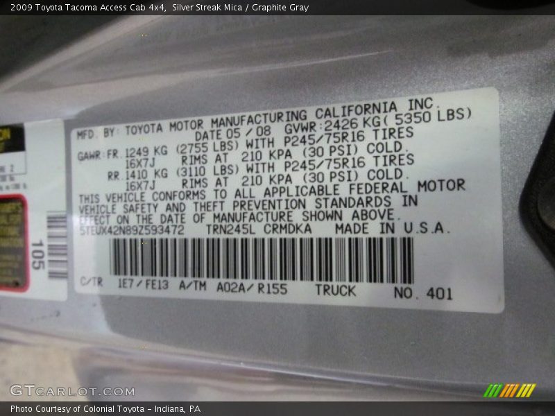 Silver Streak Mica / Graphite Gray 2009 Toyota Tacoma Access Cab 4x4