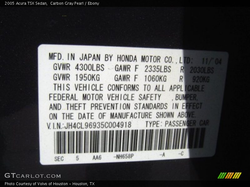 2005 TSX Sedan Carbon Gray Pearl Color Code NH658P