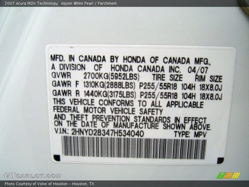 Aspen White Pearl / Parchment 2007 Acura MDX Technology