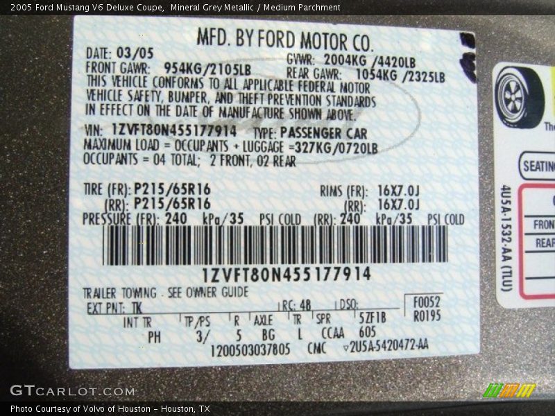2005 Mustang V6 Deluxe Coupe Mineral Grey Metallic Color Code TK