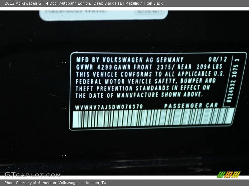 Info Tag of 2013 GTI 4 Door Autobahn Edition
