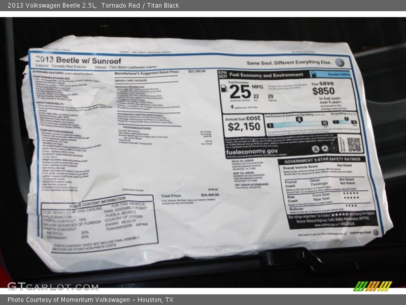  2013 Beetle 2.5L Window Sticker