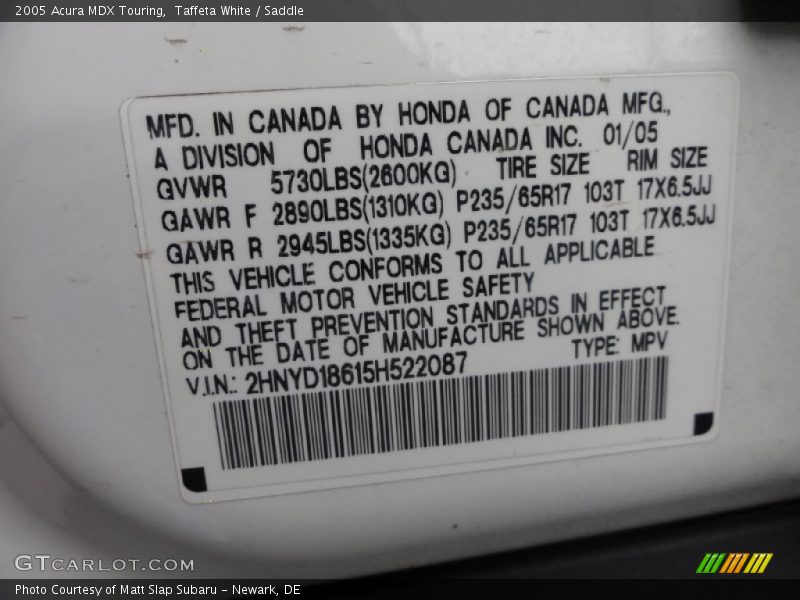 Taffeta White / Saddle 2005 Acura MDX Touring