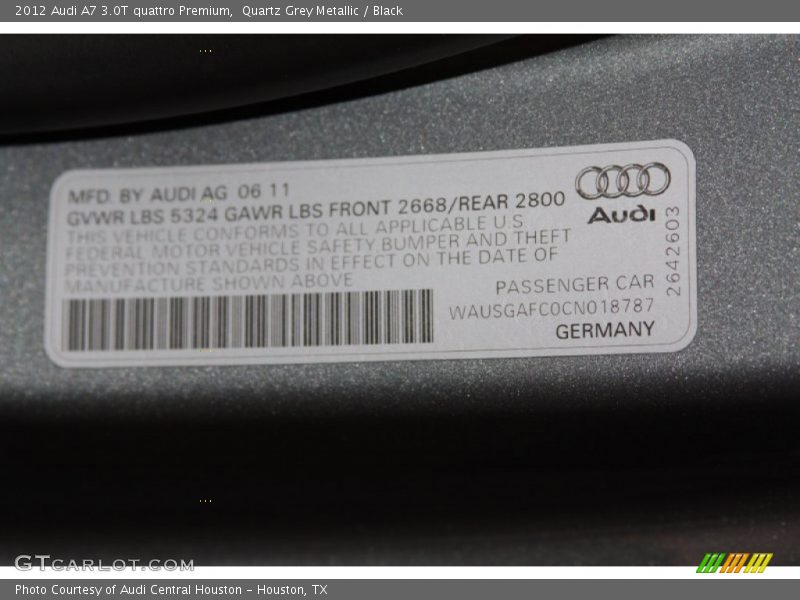 Quartz Grey Metallic / Black 2012 Audi A7 3.0T quattro Premium