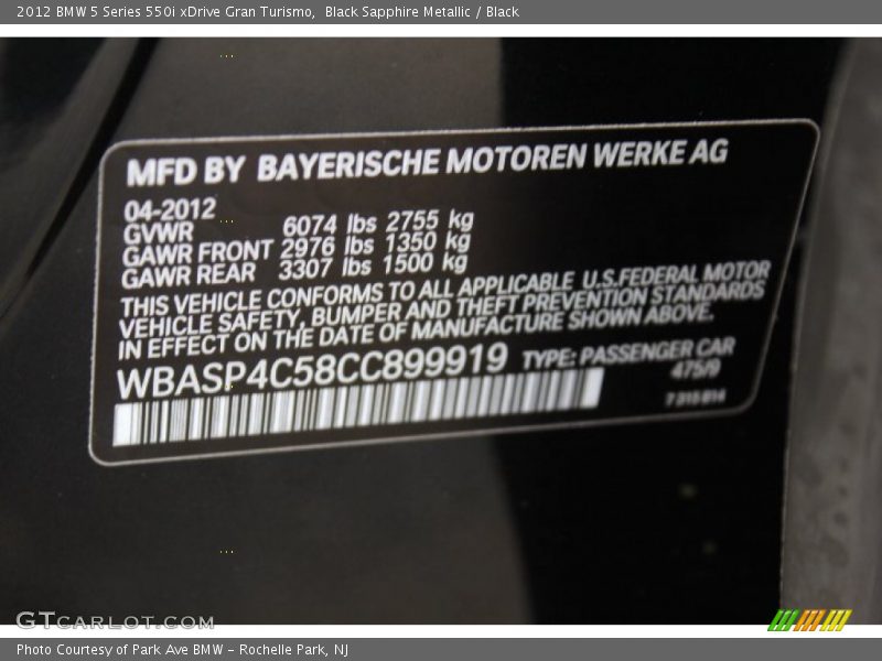 2012 5 Series 550i xDrive Gran Turismo Black Sapphire Metallic Color Code 475