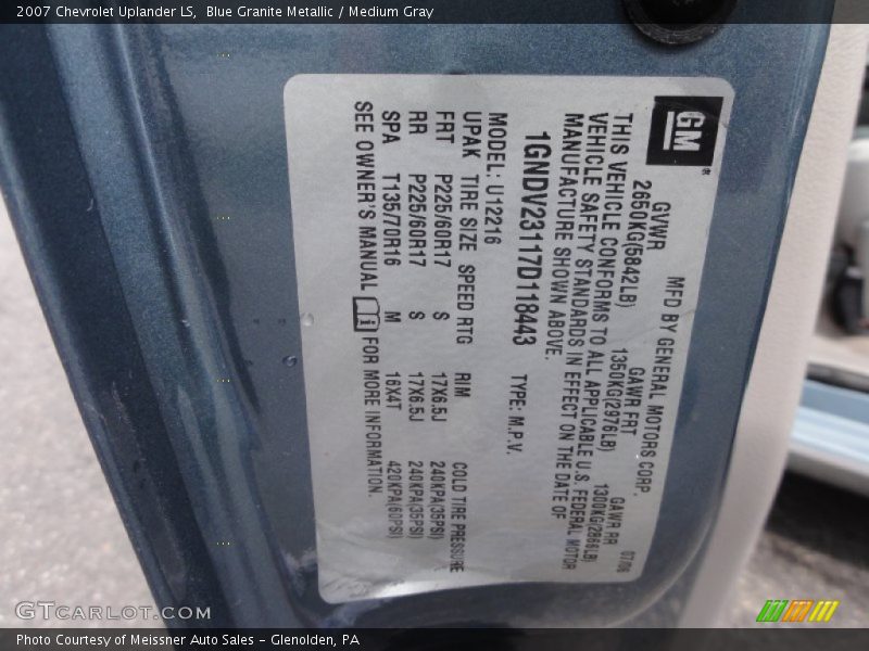 Blue Granite Metallic / Medium Gray 2007 Chevrolet Uplander LS