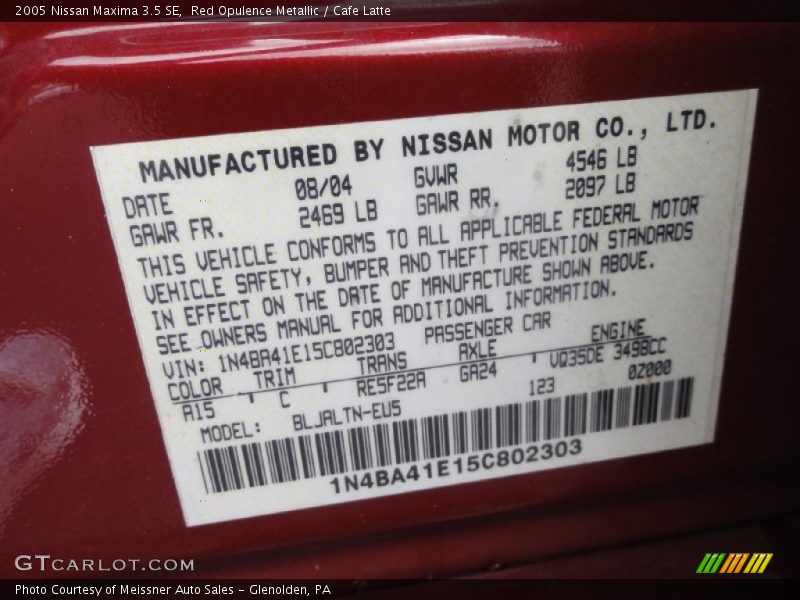 Red Opulence Metallic / Cafe Latte 2005 Nissan Maxima 3.5 SE