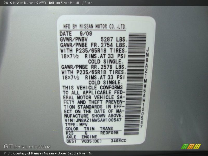 Brilliant Silver Metallic / Black 2010 Nissan Murano S AWD