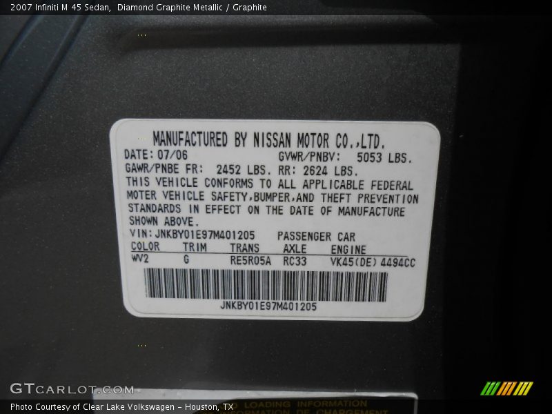 2007 M 45 Sedan Diamond Graphite Metallic Color Code WV2