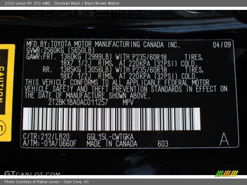 Obsidian Black / Black/Brown Walnut 2010 Lexus RX 350 AWD