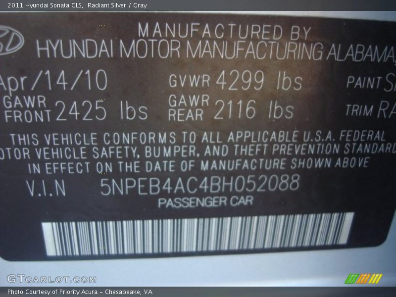 Radiant Silver / Gray 2011 Hyundai Sonata GLS