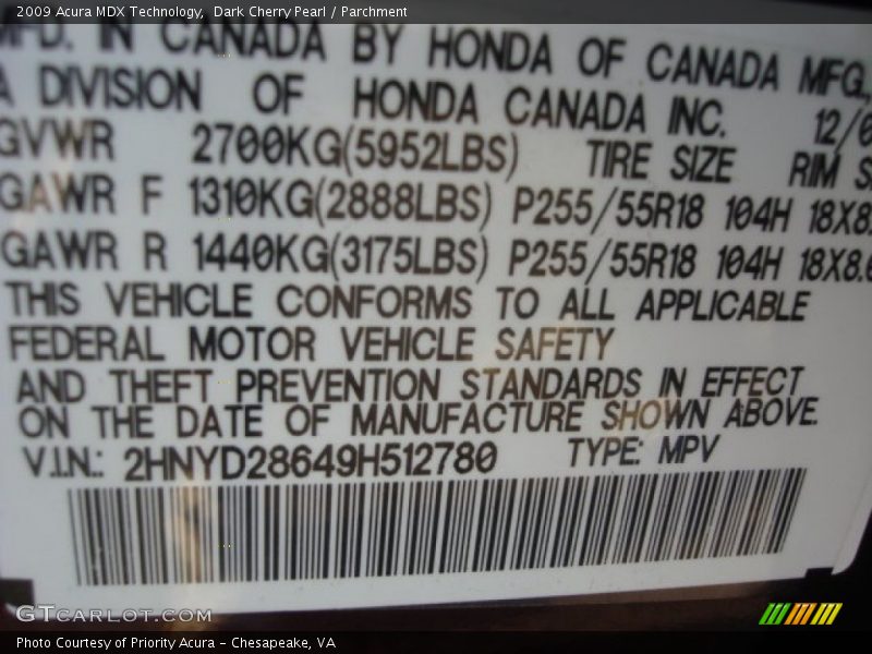 Dark Cherry Pearl / Parchment 2009 Acura MDX Technology