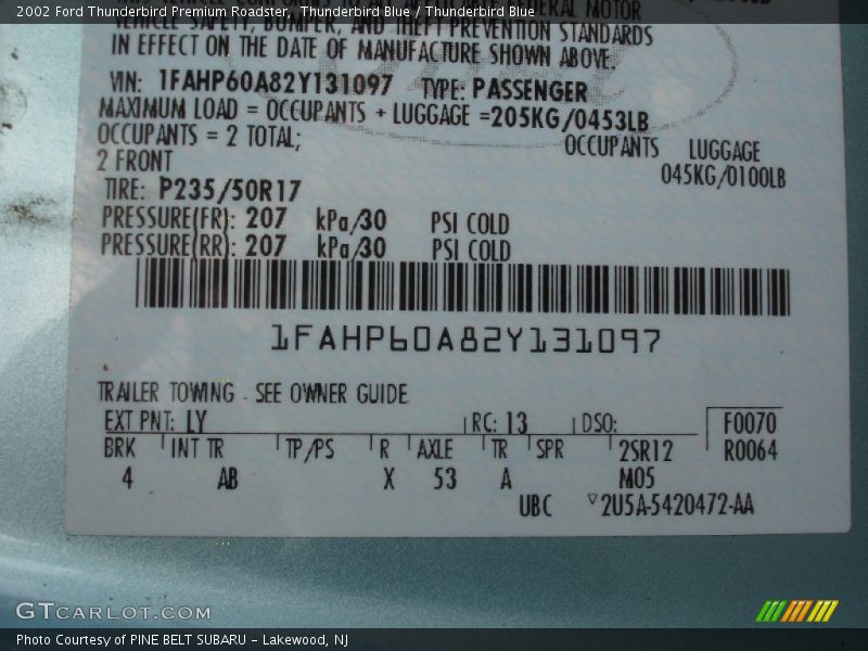 2002 Thunderbird Premium Roadster Thunderbird Blue Color Code LY