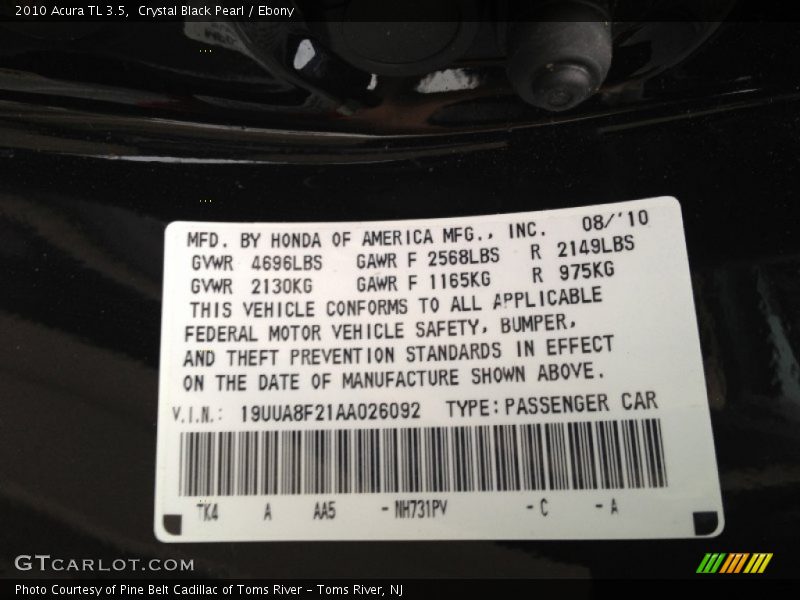 Crystal Black Pearl / Ebony 2010 Acura TL 3.5