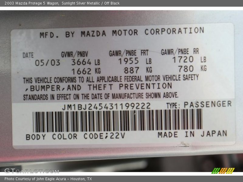 2003 Protege 5 Wagon Sunlight Silver Metallic Color Code 22V