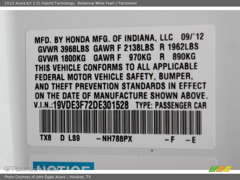 2013 ILX 1.5L Hybrid Technology Bellanova White Pearl Color Code NH788PX