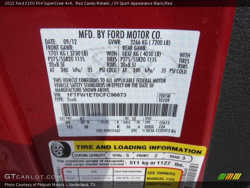 2012 F150 FX4 SuperCrew 4x4 Red Candy Metallic Color Code RZ