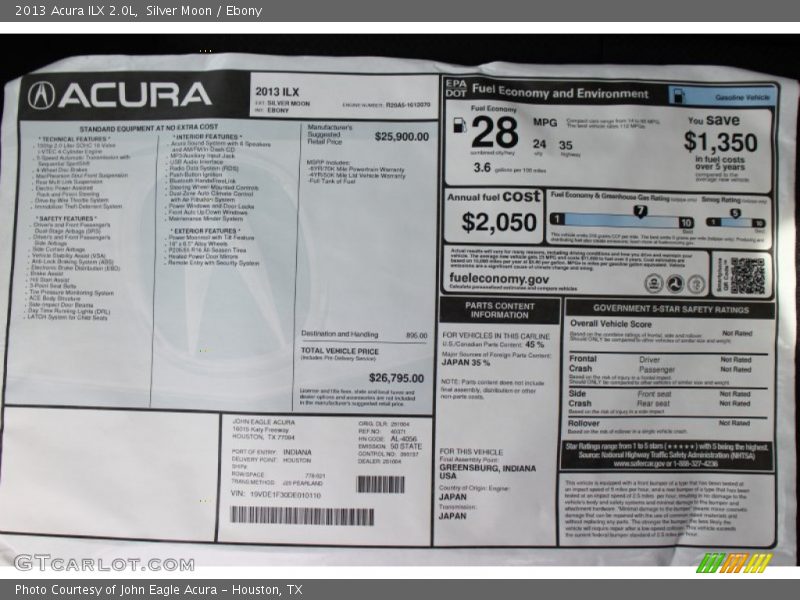  2013 ILX 2.0L Window Sticker