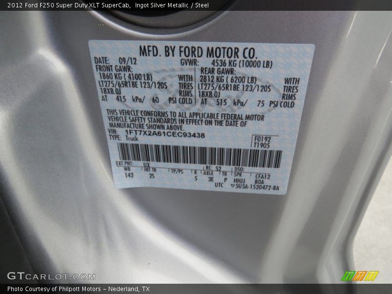 2012 F250 Super Duty XLT SuperCab Ingot Silver Metallic Color Code UX