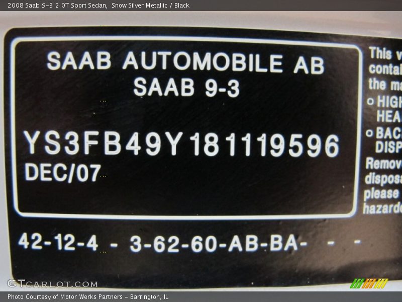Snow Silver Metallic / Black 2008 Saab 9-3 2.0T Sport Sedan