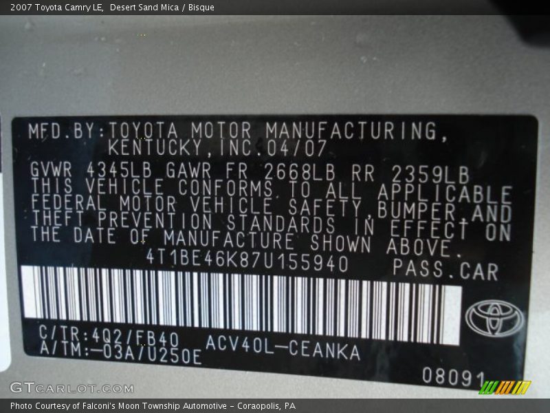 Desert Sand Mica / Bisque 2007 Toyota Camry LE