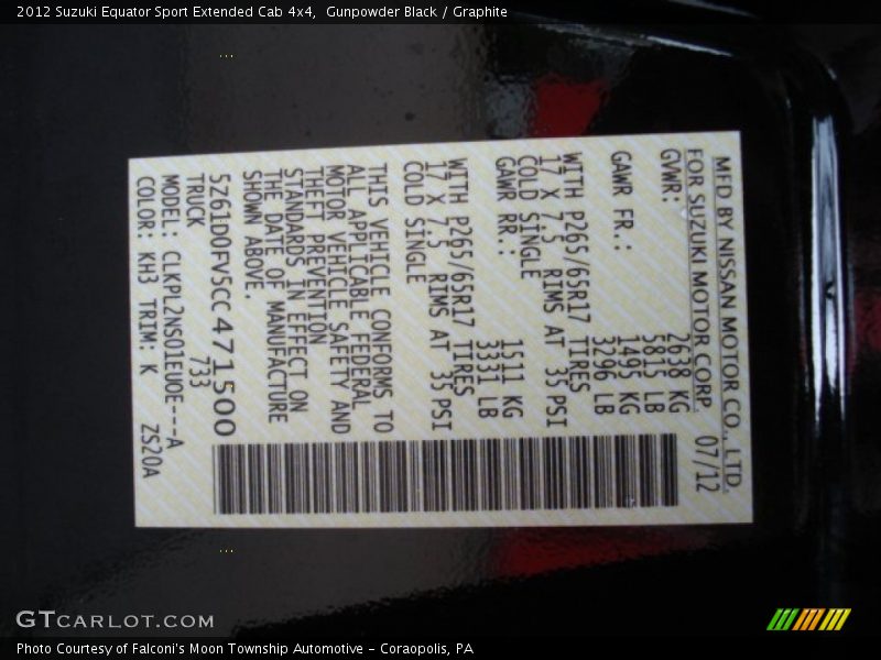 2012 Equator Sport Extended Cab 4x4 Gunpowder Black Color Code KH3