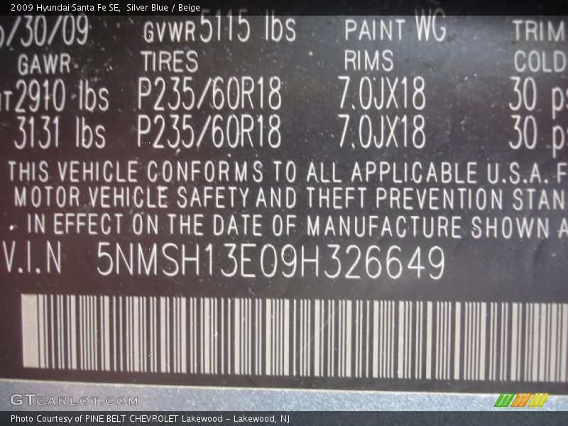 Silver Blue / Beige 2009 Hyundai Santa Fe SE