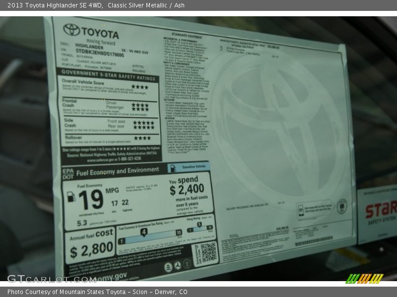  2013 Highlander SE 4WD Window Sticker
