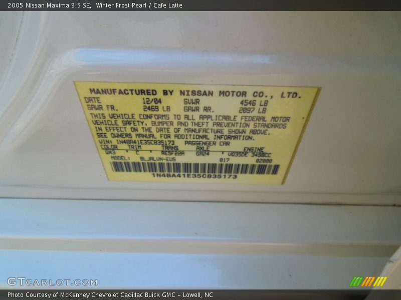 2005 Maxima 3.5 SE Winter Frost Pearl Color Code QX3